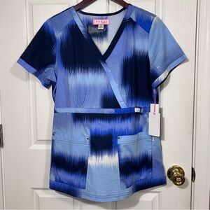 Koi By Kathy Peterson Luna Scrub Top Medium Ikat Patch Blue Stretch Mock Wrap